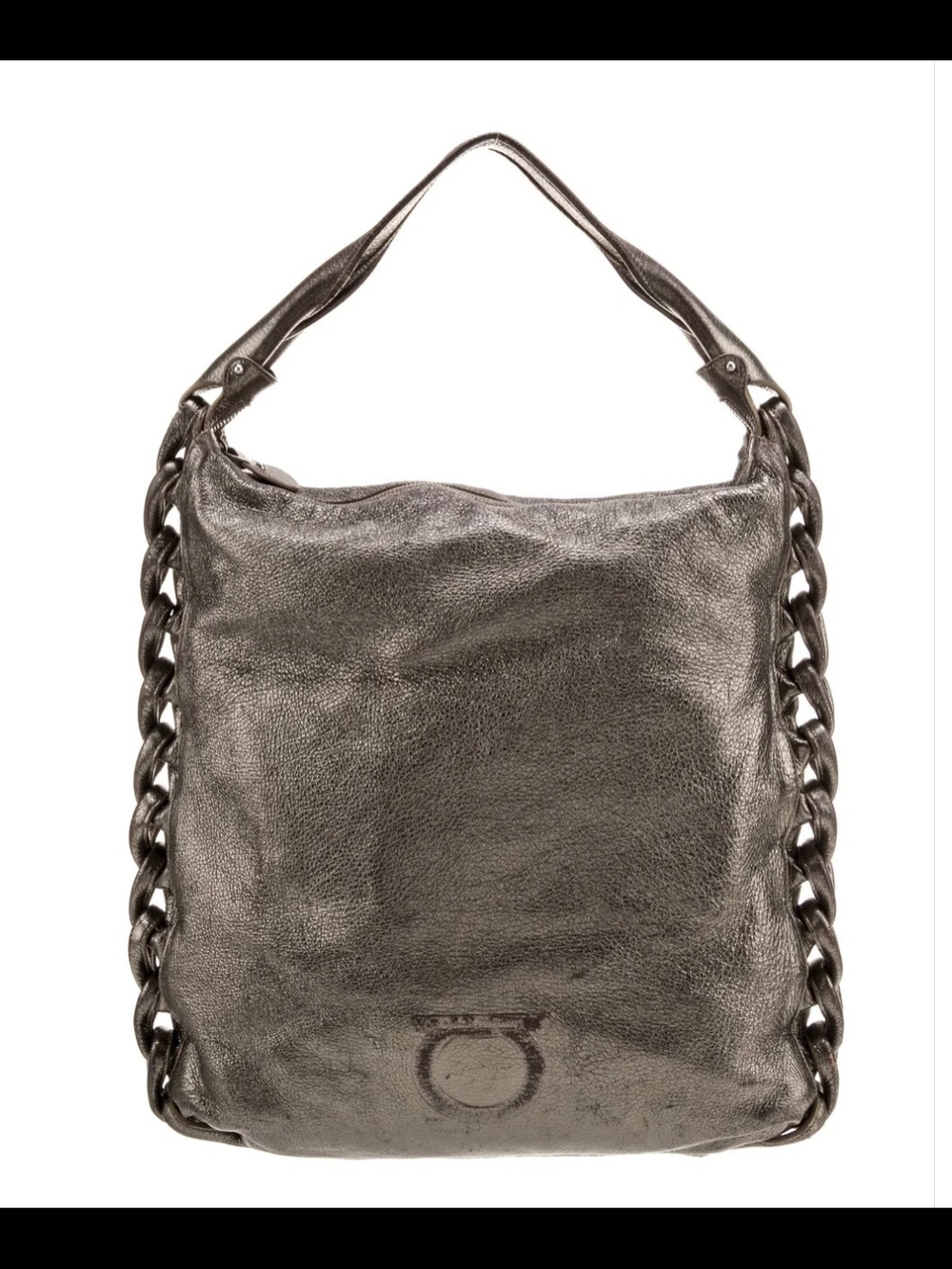 Salvatore Ferragamo Metallic Gray Chain-Accent Shoulder Bag